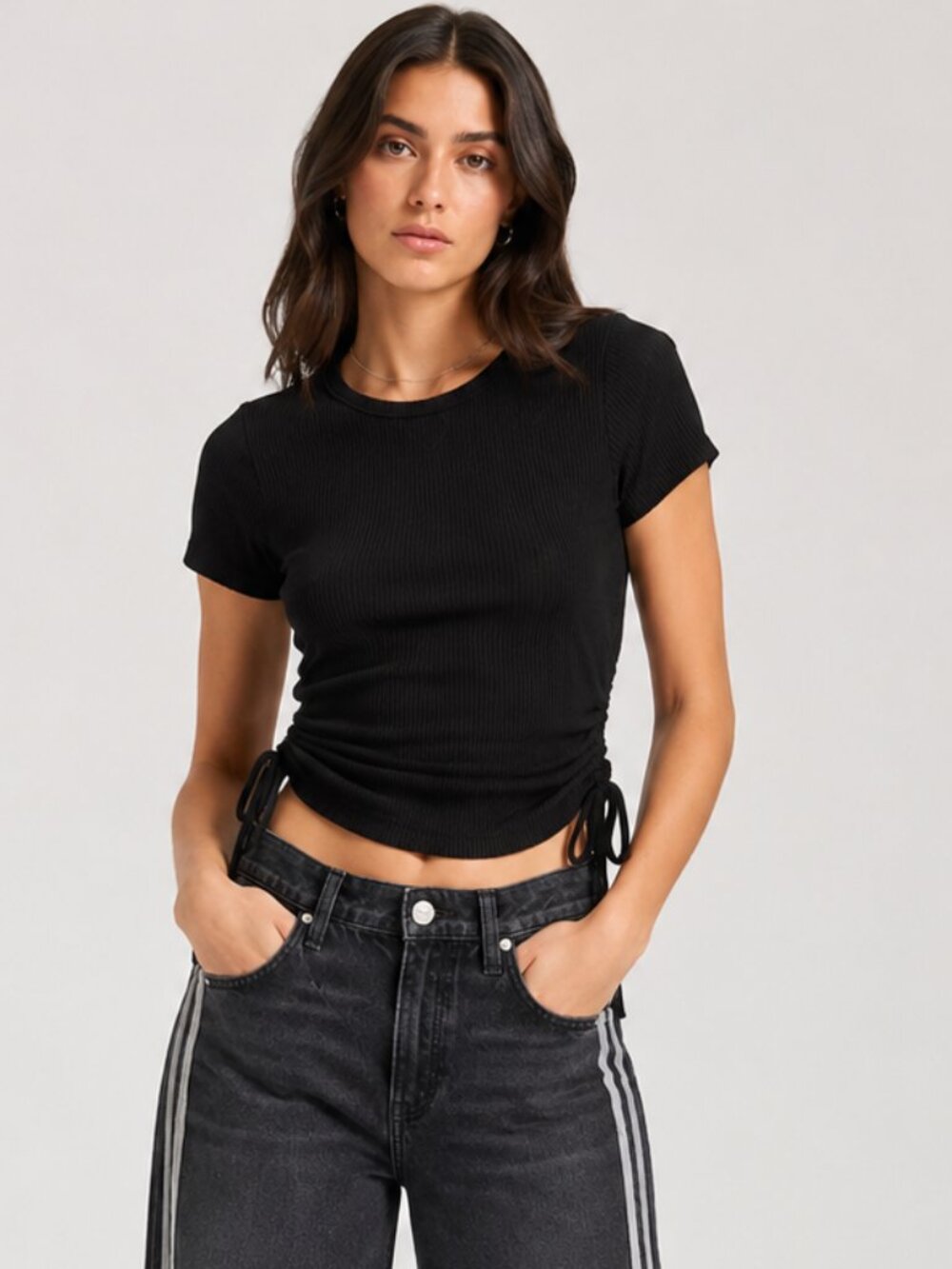 Originality Black Ribbed Ruched Side Drawstring Top | Size Small